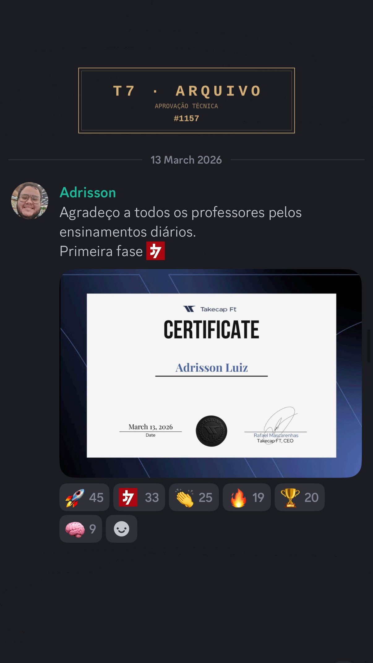 Aprovação documentada · operador da comunidade T7 · arquivo institucional